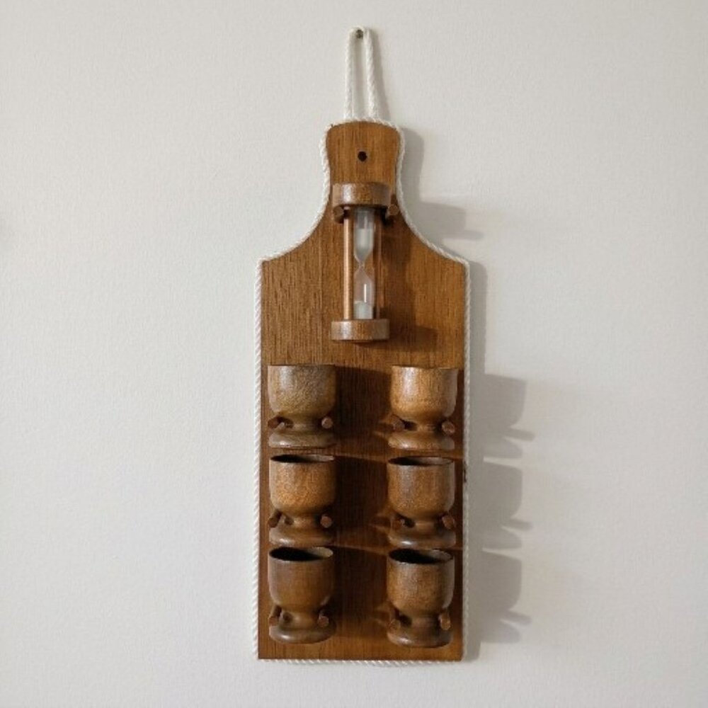 Vintage MCM Wood Wall Hanging Egg Cup Rack Holder 6 Cups & Hourglass Sand Timer
